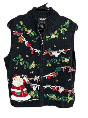 Vintage Studio Joy Black Christmas Sweater Vest Holiday Embroidery Sz Large